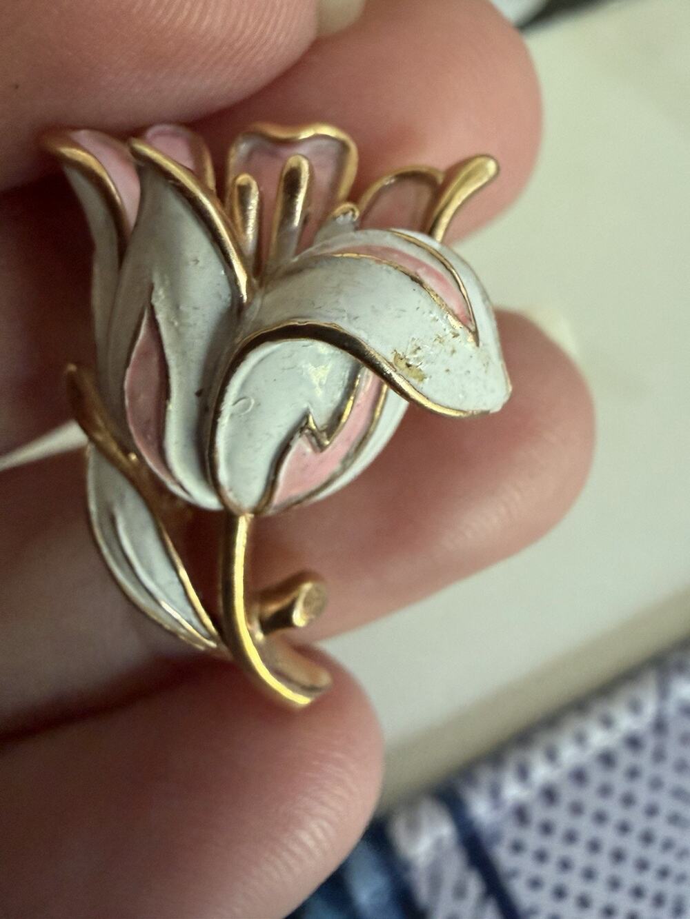 Vintage Trifari Pink & White Enamel Tulip Brooch 1955 To 1969